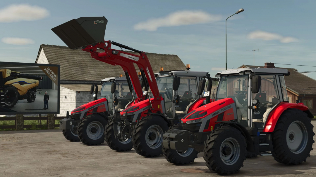 Three red Massey Ferguson 5S tractors in FS25 mod, parked outdoors with a billboard in the background.