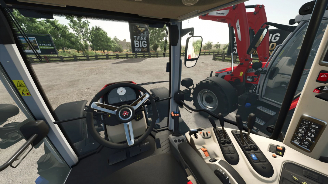 Interior view of the Massey Ferguson 5S tractor mod in Farming Simulator 25, showcasing realistic vehicle controls.