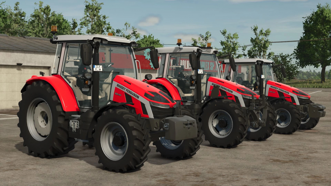 FS25 mods showcase four red Massey Ferguson 5S tractors lined up in Farming Simulator 25.