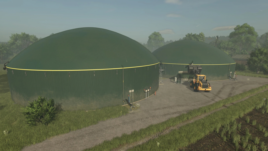 FS25 mods: Medium Biogas Plant Package v1.0.0.0 with green domes and machinery.