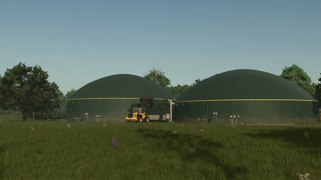 FS25 mods: Medium Biogas Plant Package with two domes and yellow loader in Farming Simulator 25.