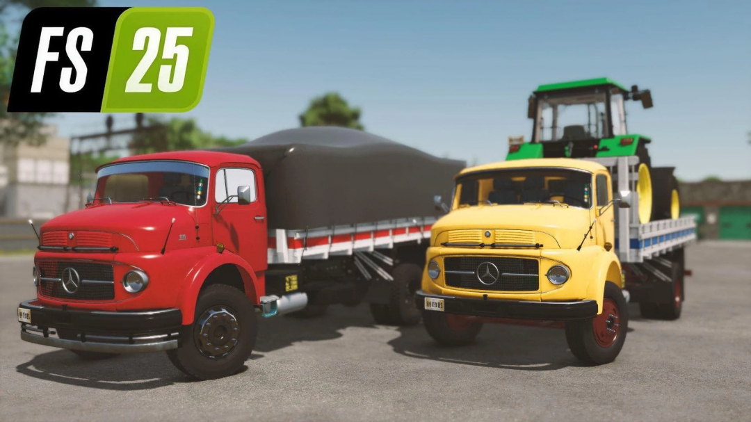 FS25 mods: Mercedes-Benz 1111 truck mod in red and yellow, showcased in Farming Simulator 25.