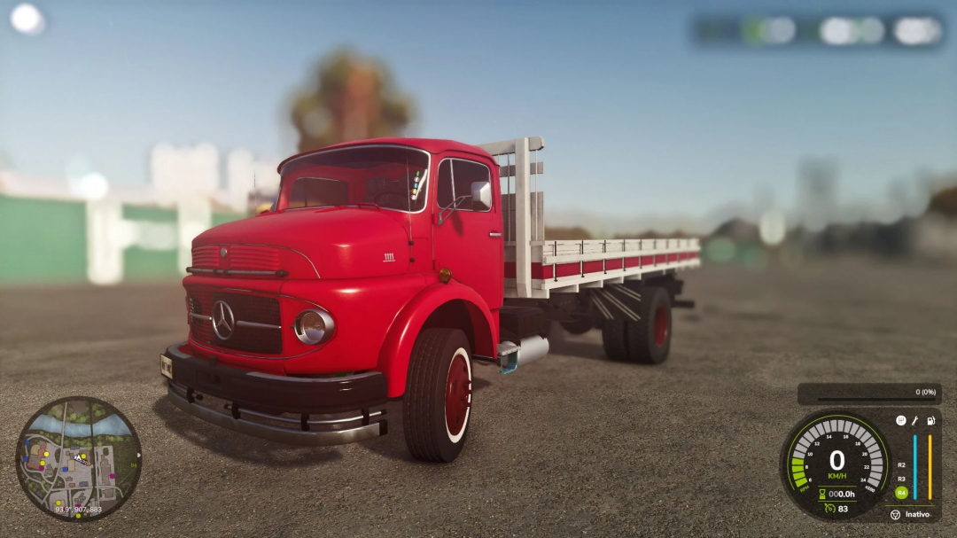 Mercedes-Benz 1111 mod for FS25, showcasing a vintage red truck with a flatbed on a farm.