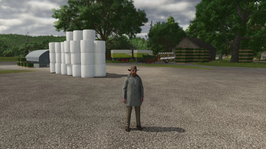 Character stands near stacked pallets and bales in FS25 mod More pallets and bales v1.0.0.0.