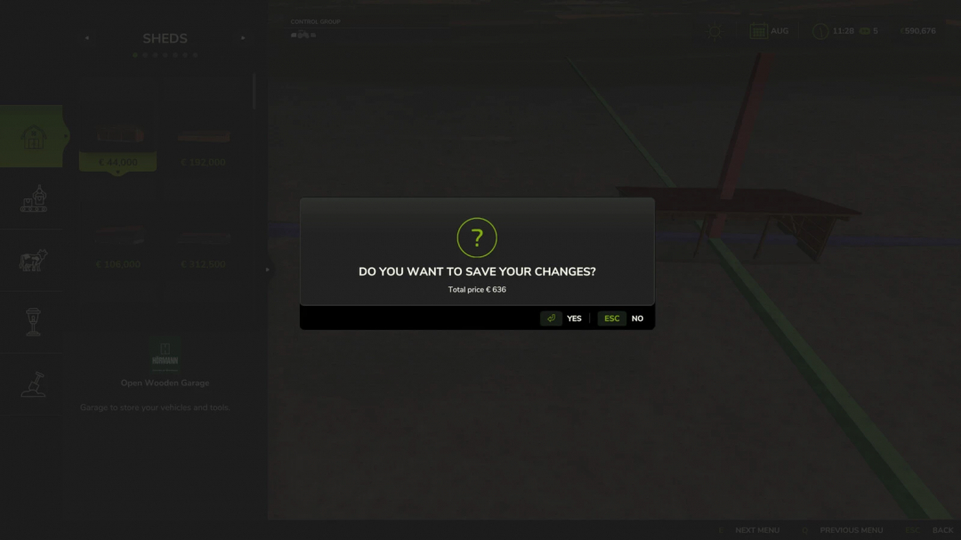 FS25 Move Placeables mod v1.0.0.0, prompt to save changes with total price €636.