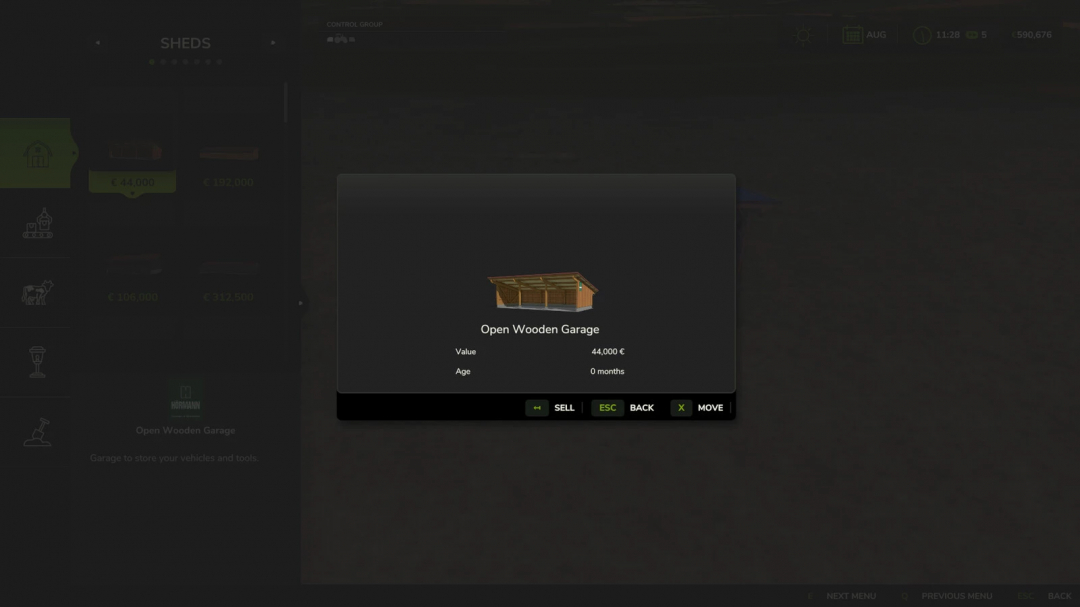 FS25 mod menu showing Open Wooden Garage with value and options to sell or move.
