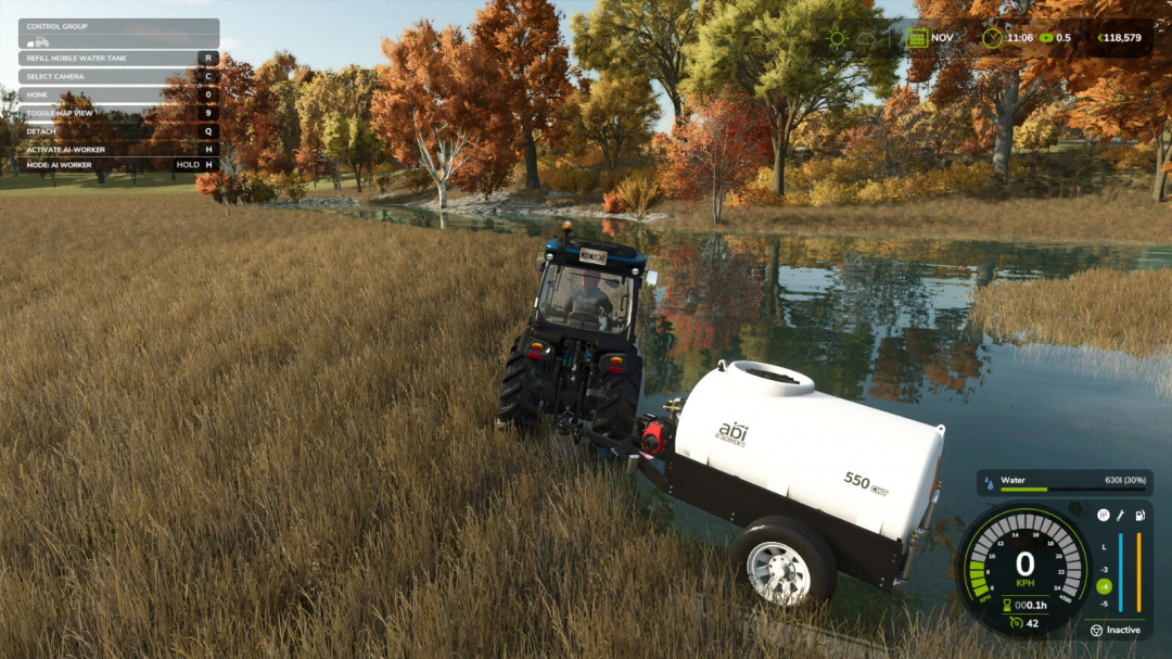 Tractor refilling water tank near a river in FS25 Natural Water Rivers And Ponds Pack mod.