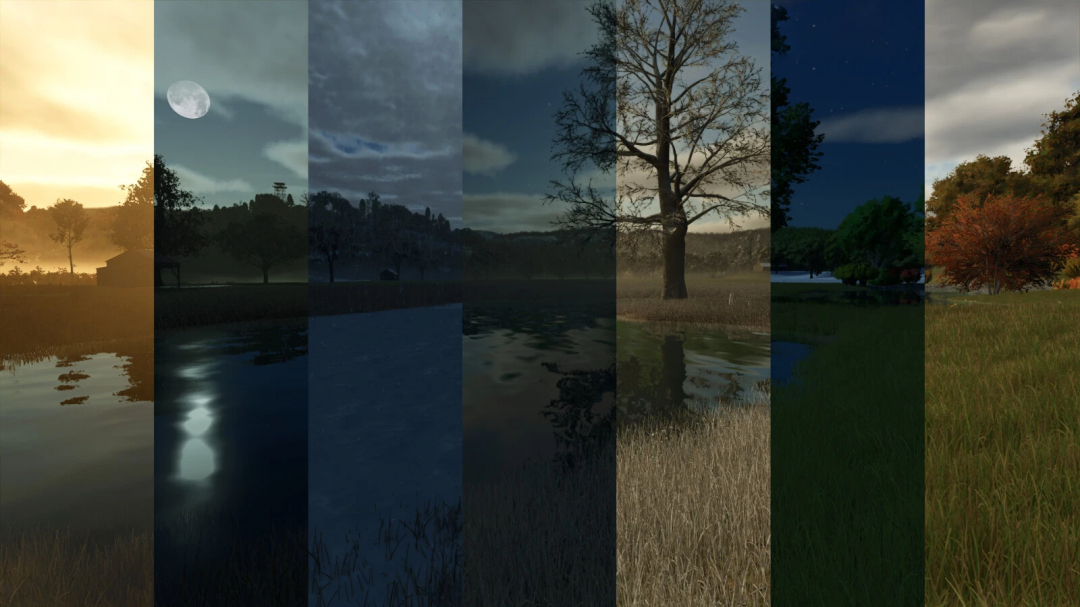 FS25 Natural Water Rivers And Ponds mod showcasing diverse landscapes and lighting across different times of day.