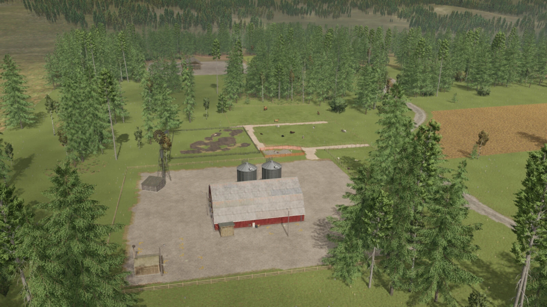 FS25 mod New Frontier v1.0.1.0 features a farm with silos, a barn, and lush green fields surrounded by trees in Farming Simulator 25.