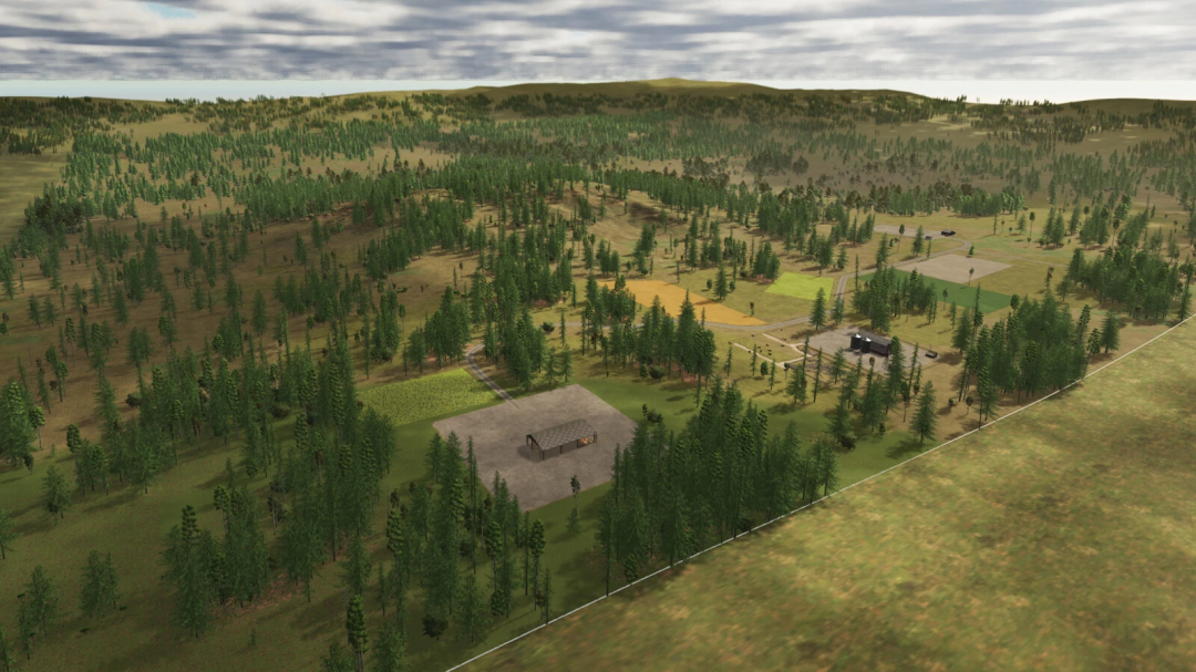 Aerial view of New Frontier v1.0.1.0 map in FS25, showcasing expansive fields and forests.