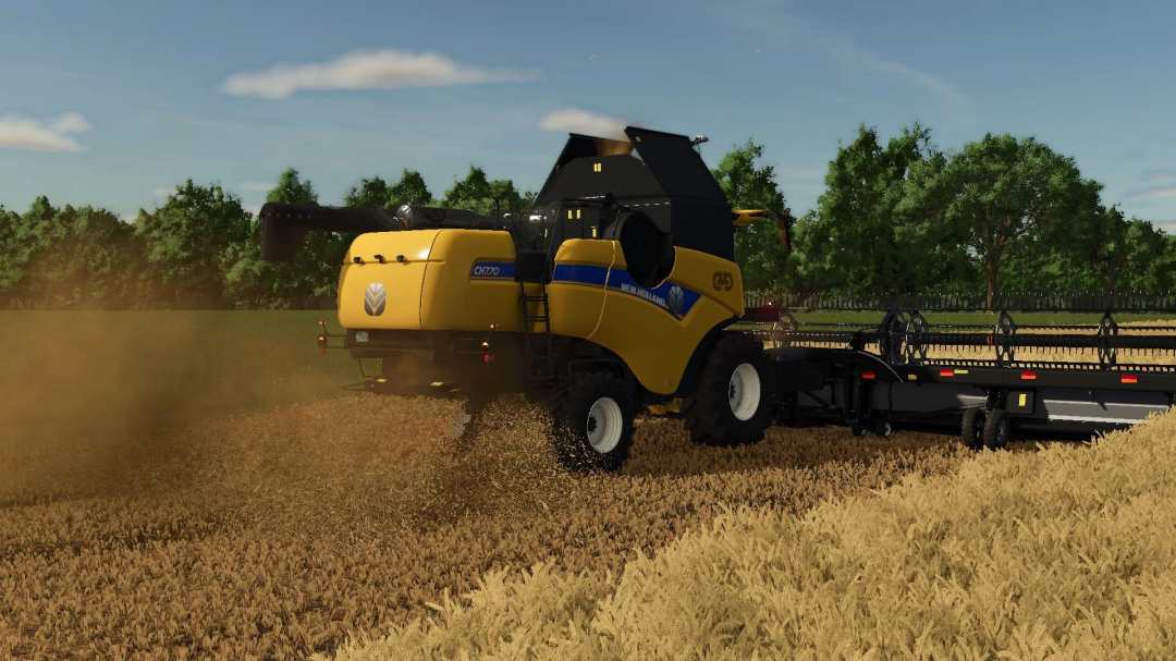 New Holland CH Series combine harvesting wheat in FS25 mod.