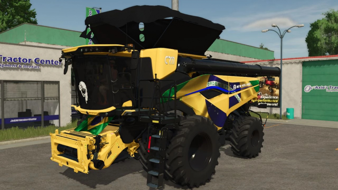 New Holland CR11 BR Edit v1.0.0.0 mod for Farming Simulator 25, featuring a yellow and black combine harvester with Brazil's flag.