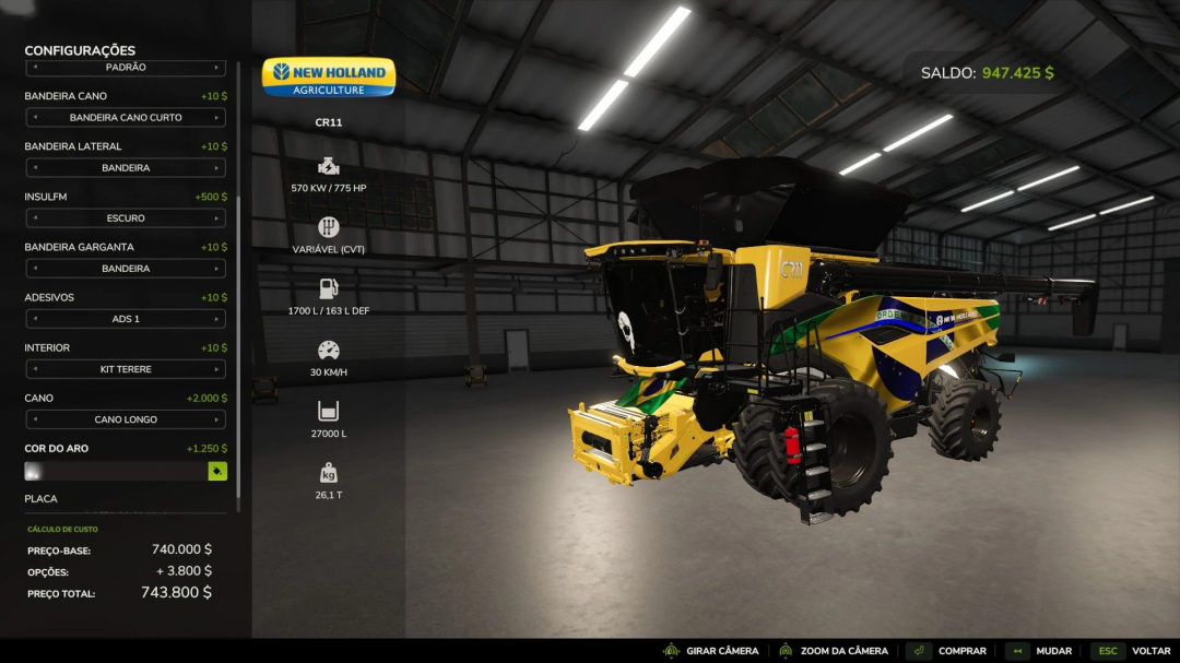 New Holland CR11 BR Edit mod in a garage in Farming Simulator 25, showcasing customization options.