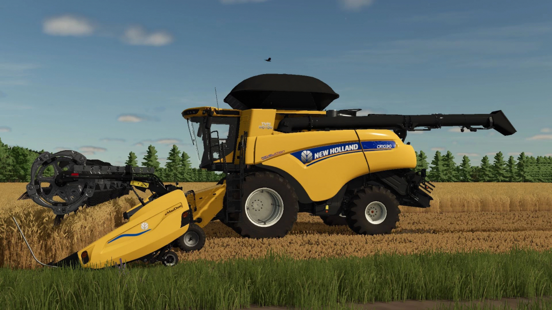 New Holland CR1090 harvester mod in FS25, featuring a yellow design harvesting a wheat field.