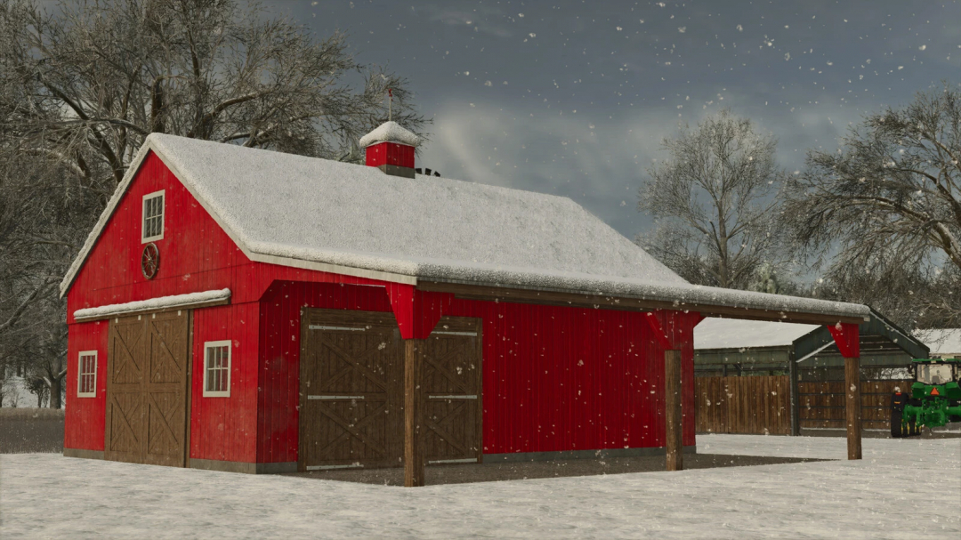 Old Wooden Barn in FS25 mod, showcasing red exterior with snow-covered roof during a winter scene.