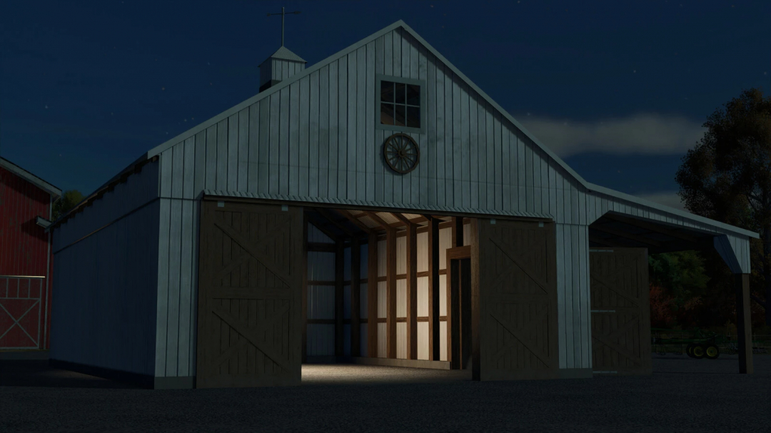 Old Wooden Barn mod for FS25, featuring a rustic barn design at night. Farming Simulator 25 mods enhance game realism.