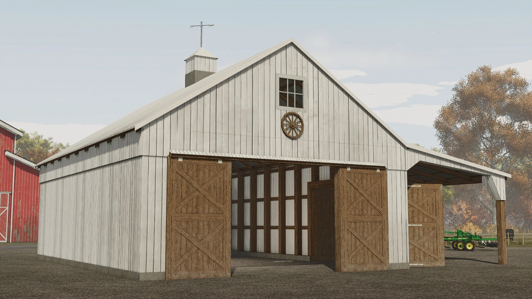 Old wooden barn mod in Farming Simulator 25 with open large doors, showcasing rustic architecture. FS25 mods.