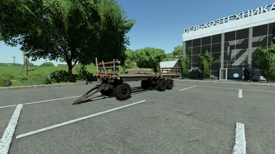 FS22 mod PTS-12 Platform v1.0.0.0, a flatbed trailer for agricultural use, parked in front of a building.