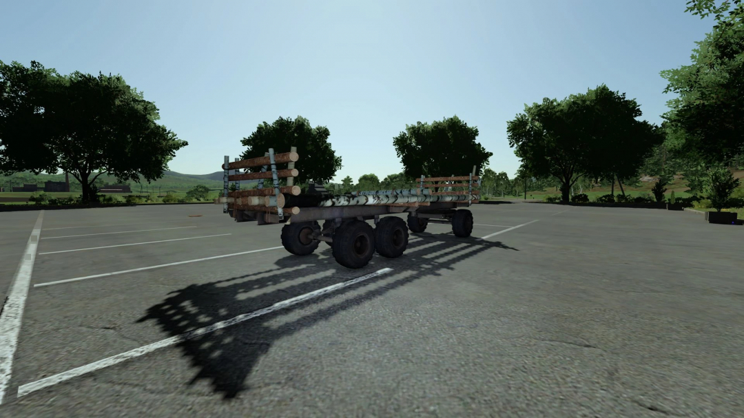 PTS-12 Platform mod in FS22 showing a log trailer in a parking lot.