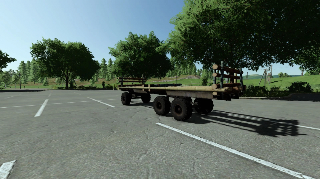 PTS-12 Platform mod for FS22 showcasing a heavy-duty trailer parked in a forested area.