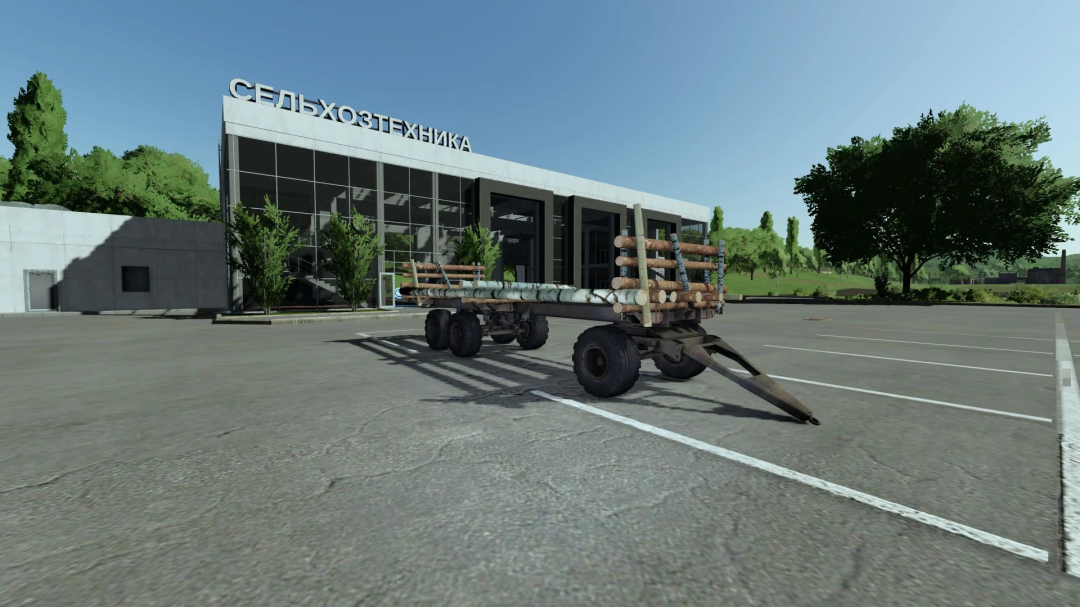 FS22 mod PTS-12 Platform v1.0.0.0 features a detailed logging trailer parked outside a modern building in Farming Simulator 22.