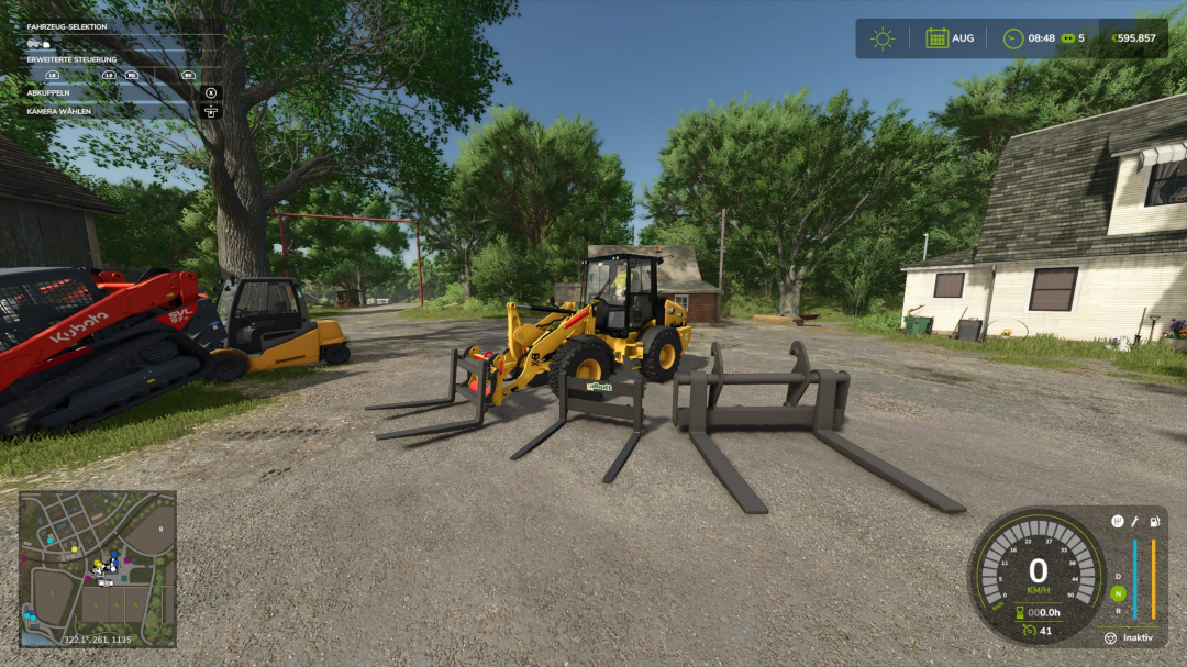 FS25 mods: A yellow loader with a pallet fork attachment and tension straps, set outside a house in Farming Simulator 25.