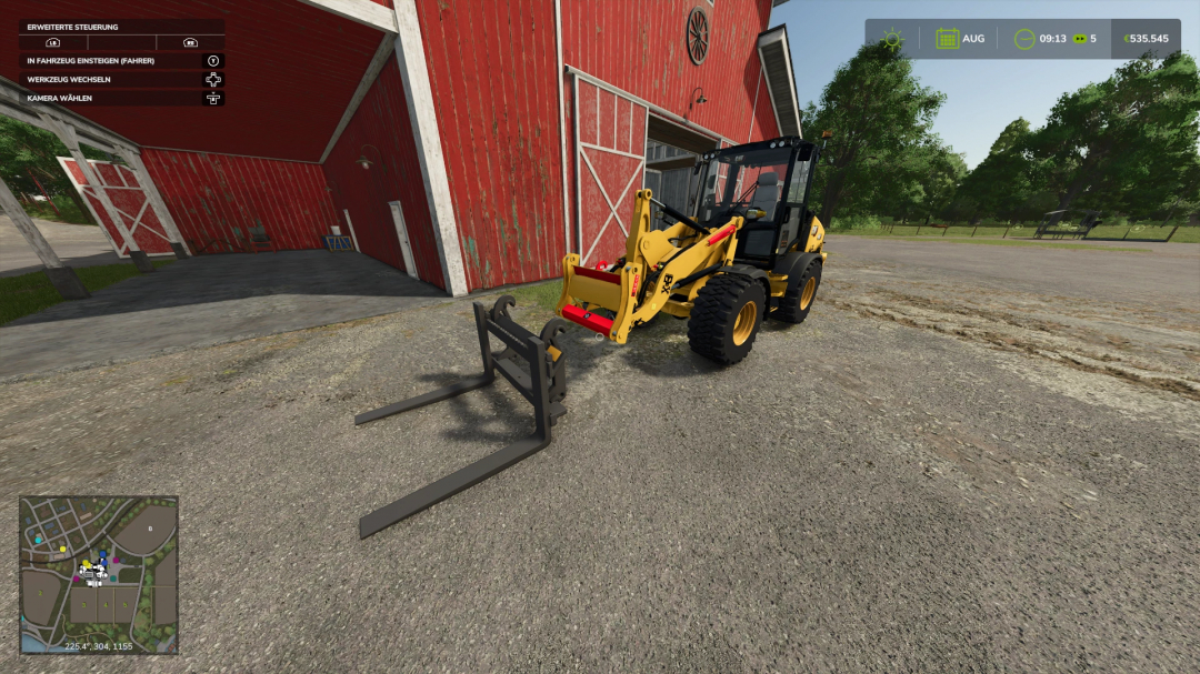 FS25 Pallet fork with tension straps attached to a loader near a red barn. Farming Simulator 25 mod.