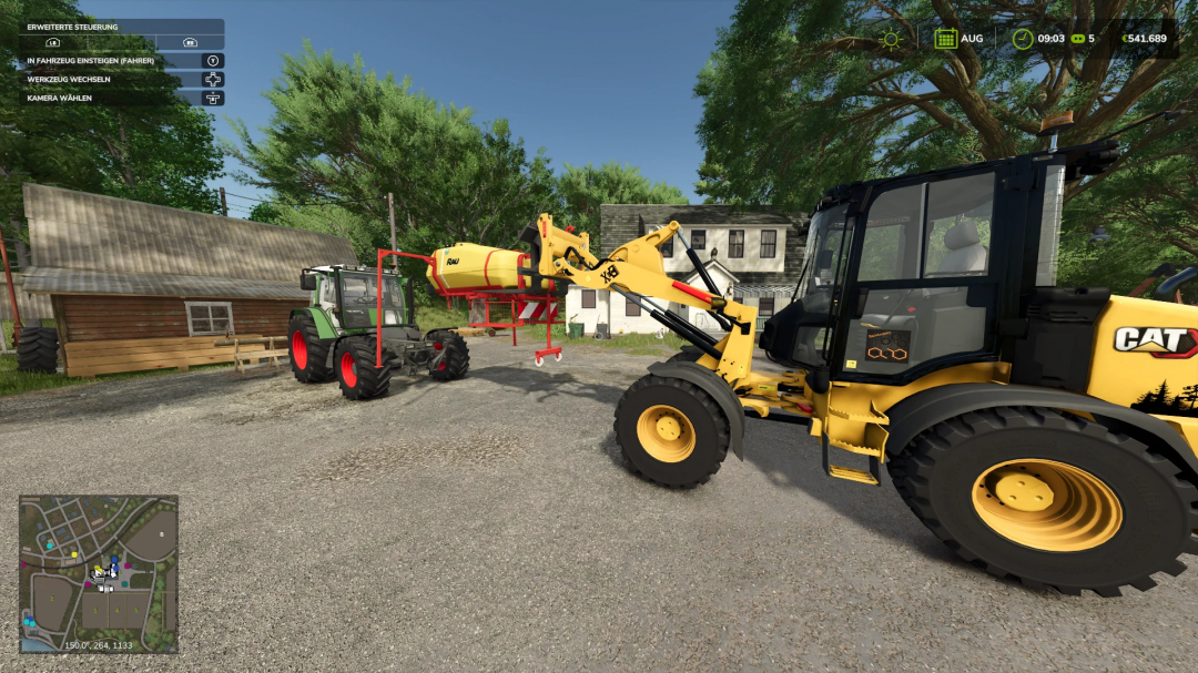 FS25 mod image showing a CAT loader using a pallet fork with tension straps to lift equipment in Farming Simulator 25.