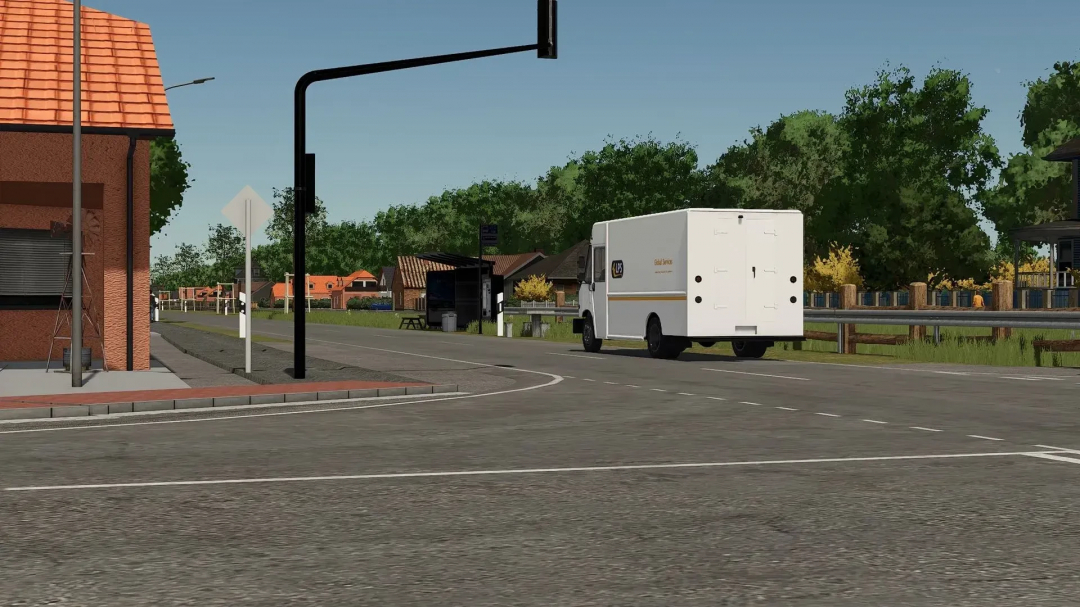 Street scene on Papenburger Map 4K v2.2.0.0 in FS25 with a delivery truck passing by.