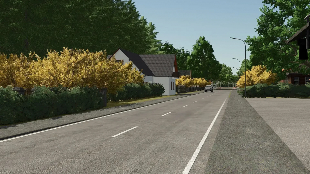 Papenburger Map 4K v2.2.0.0 in FS25 showing a rural road with a car, surrounded by trees and houses.