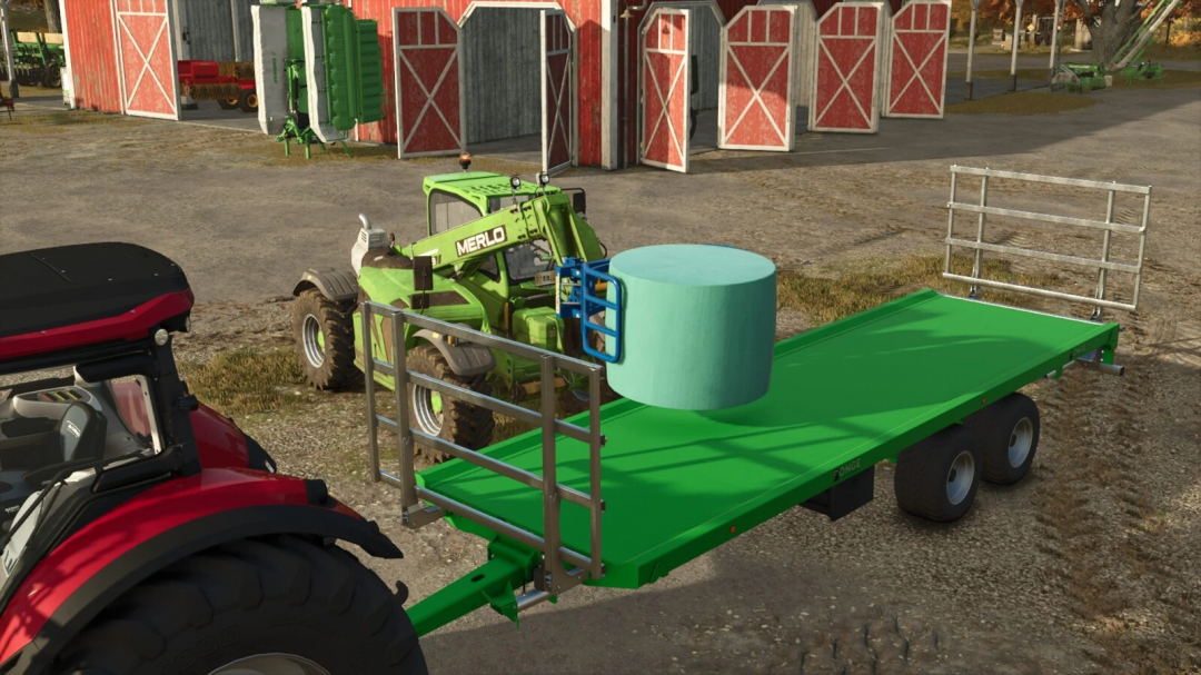 FS25 mod Ponge SPX 816 v1.0.0.0, featuring a green transport trailer with hay bale on a farm.