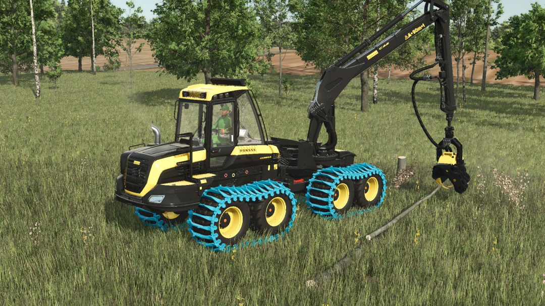 Ponsse Cobra v1.0.0.0 mod in FS25 game, showing a yellow and black forestry vehicle in a field.