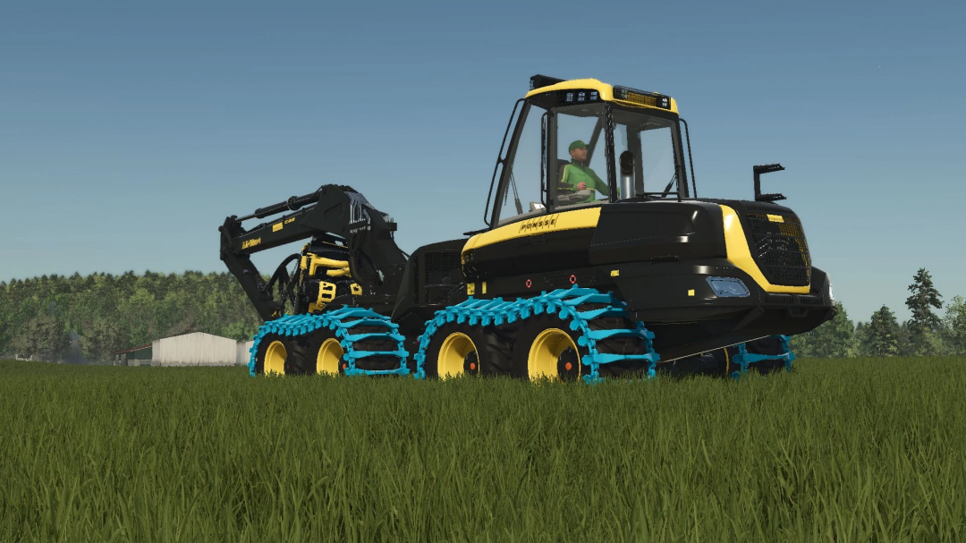 Ponsse Cobra harvester on grassy field in FS25 mod.