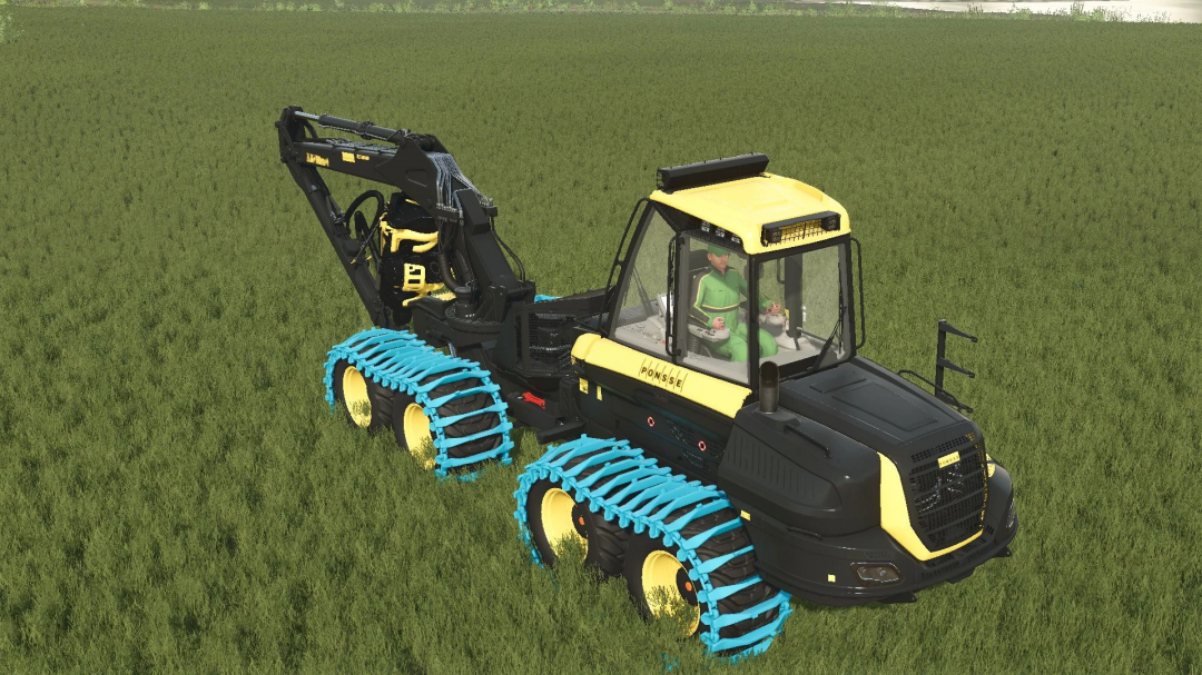 Ponsse Cobra harvester mod in FS25, featuring a detailed forestry vehicle in a grassy field.