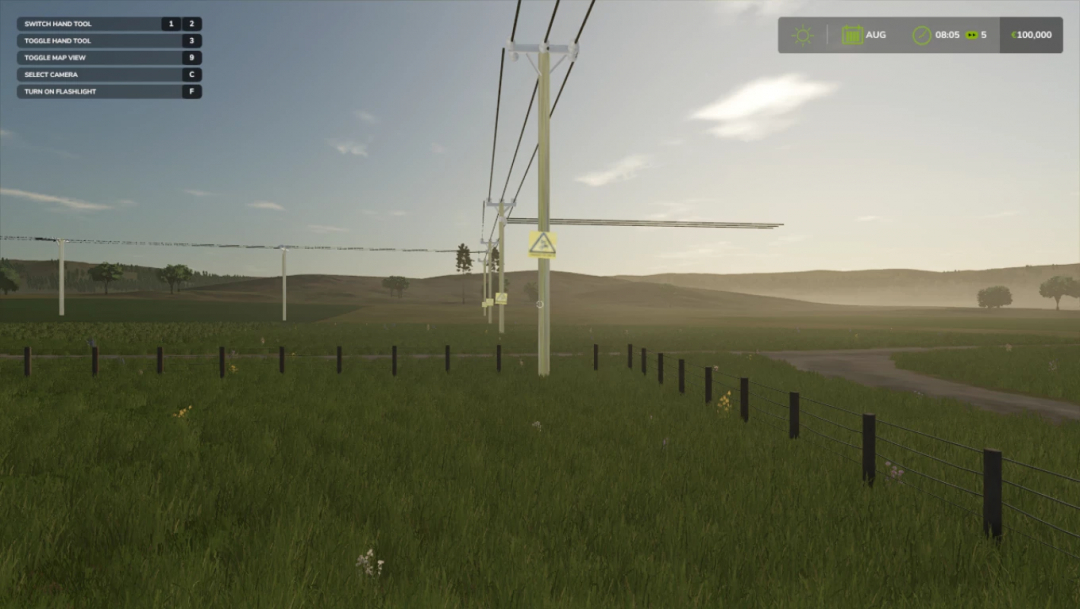 FS25 mod Power prefab full release v1.0.0.0 showcasing powerlines in a grassy landscape within Farming Simulator 25.