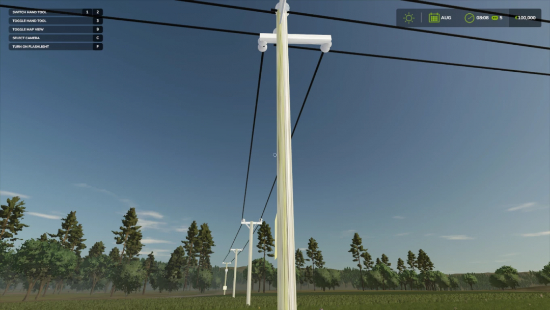 Power lines in FS25 mod Power prefab full release v1.0.0.0, showcasing detailed utility poles against a rural landscape.