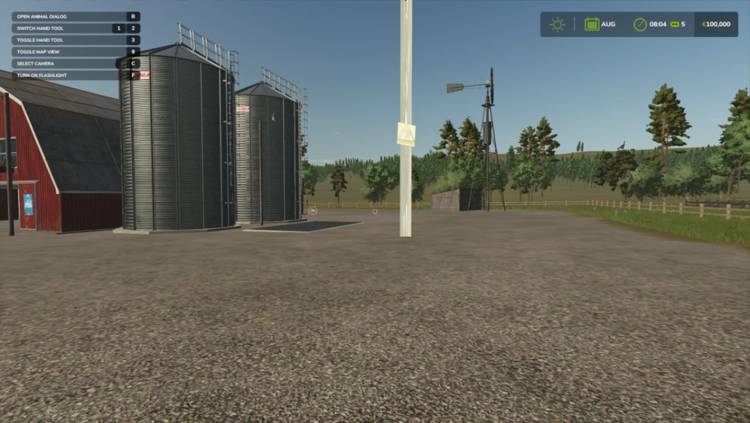 FS25 mods Power prefab full release v1.0.0.0 showing silos, barn, and windmill setup.