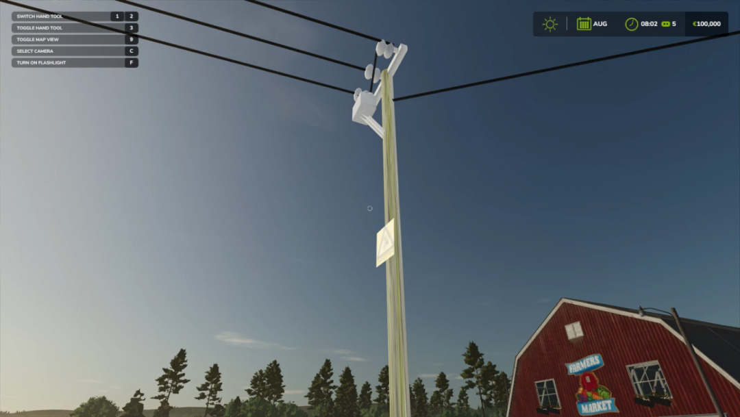 Power line prefab in FS25 mod with barn and trees, Farming Simulator 25