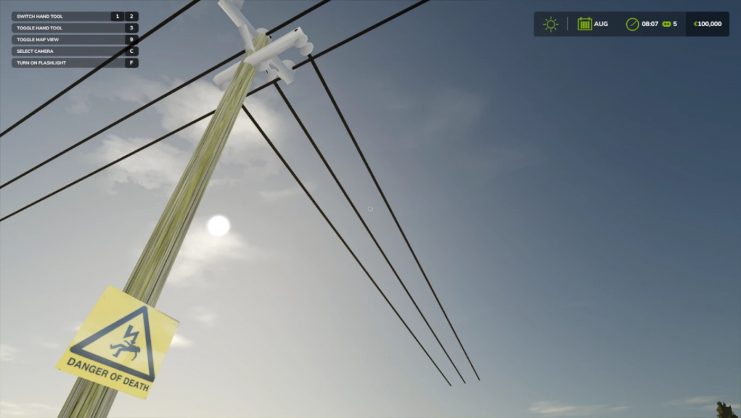 FS25 mod Power prefab full release v1.0.0.0 depicts an electrical pole under a blue sky with a warning sign saying 'Danger of Death.'