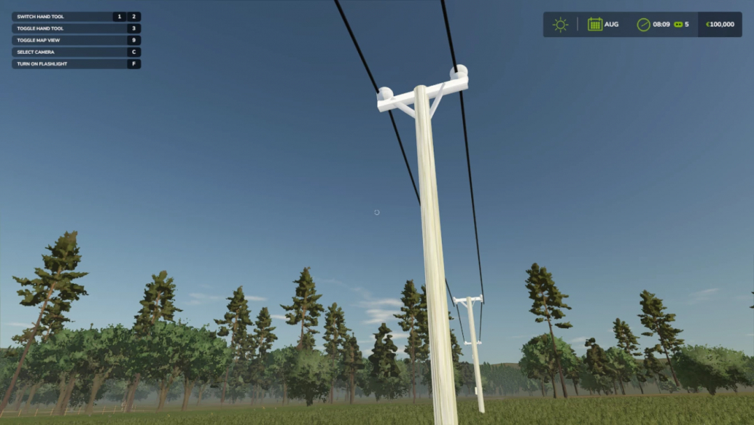 Power lines with wooden poles in Farming Simulator 25 mod Power Prefab full release.