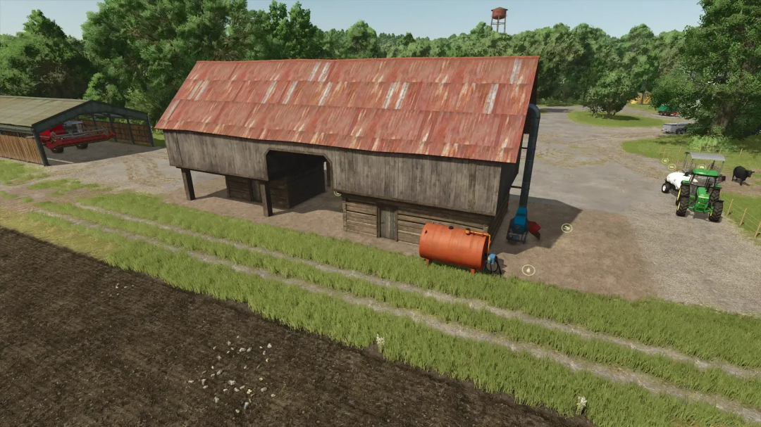 Image of a farmyard with a rustic barn and equipment in FS25 Production Pack mod.