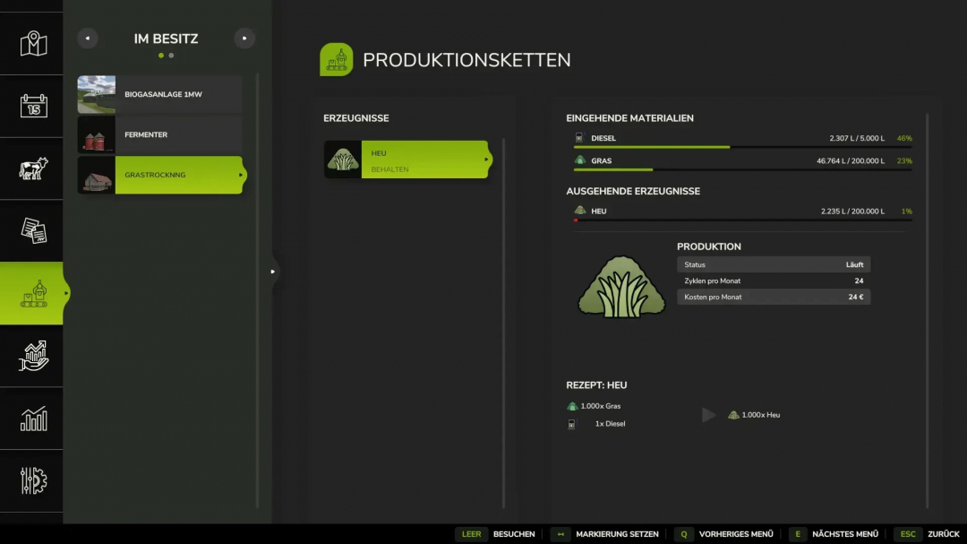 FS25 mod Production Pack v1.0.0.0 screen showing production chains, resources usage, and hay output status.