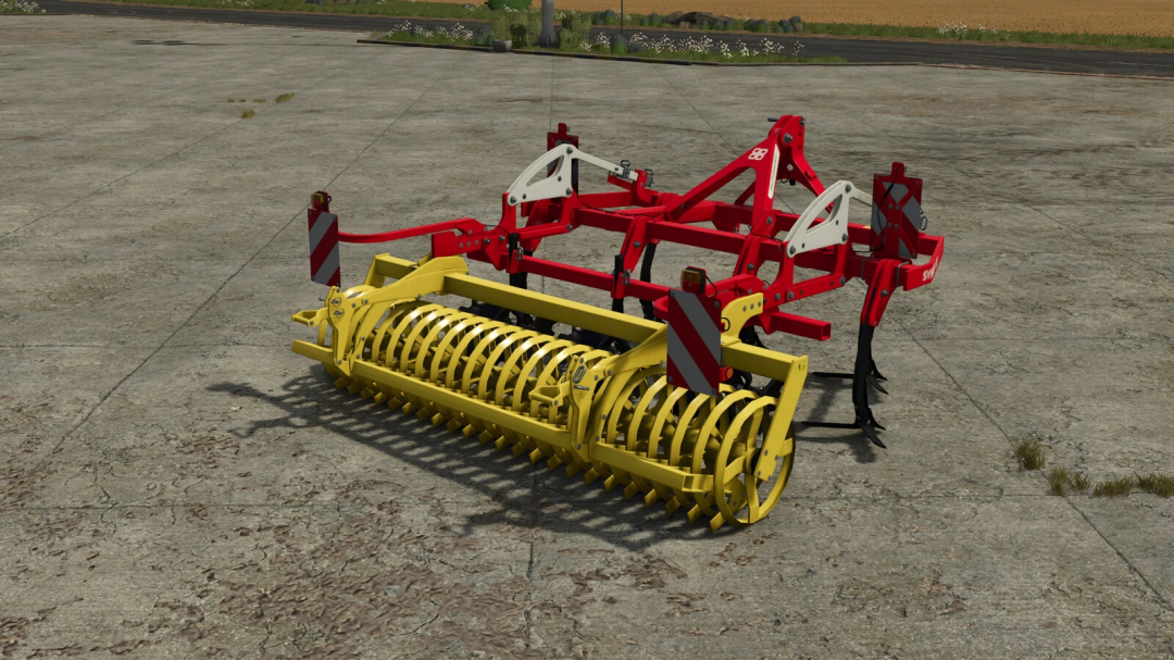 Pöttinger SYNKRO 3020 mod for Farming Simulator 25, featuring a robust red and yellow cultivator design.