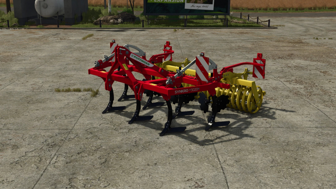 Pöttinger SYNKRO 3020 mod in Farming Simulator 25, showcasing agricultural equipment with red frame and yellow discs.