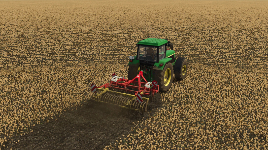 Tractor using Pöttinger SYNKRO 3020 mod in FS25 to plow a large field.