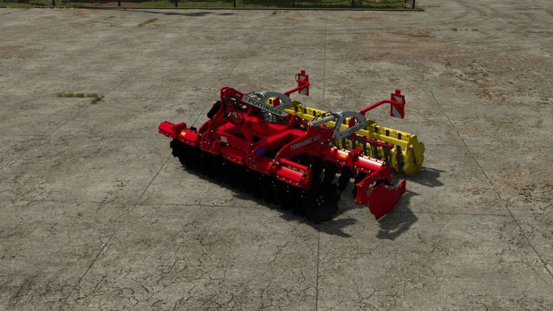 Pöttinger Terradisc 3001 mod for Farming Simulator 25, a detailed red and yellow disc harrow on a concrete surface.