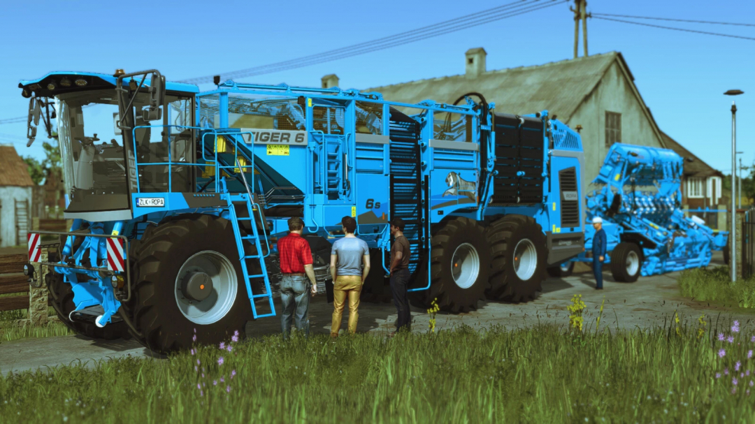 ROPA Tiger6S Premium mod in Farming Simulator 25, featuring a blue agricultural vehicle with four people standing nearby.