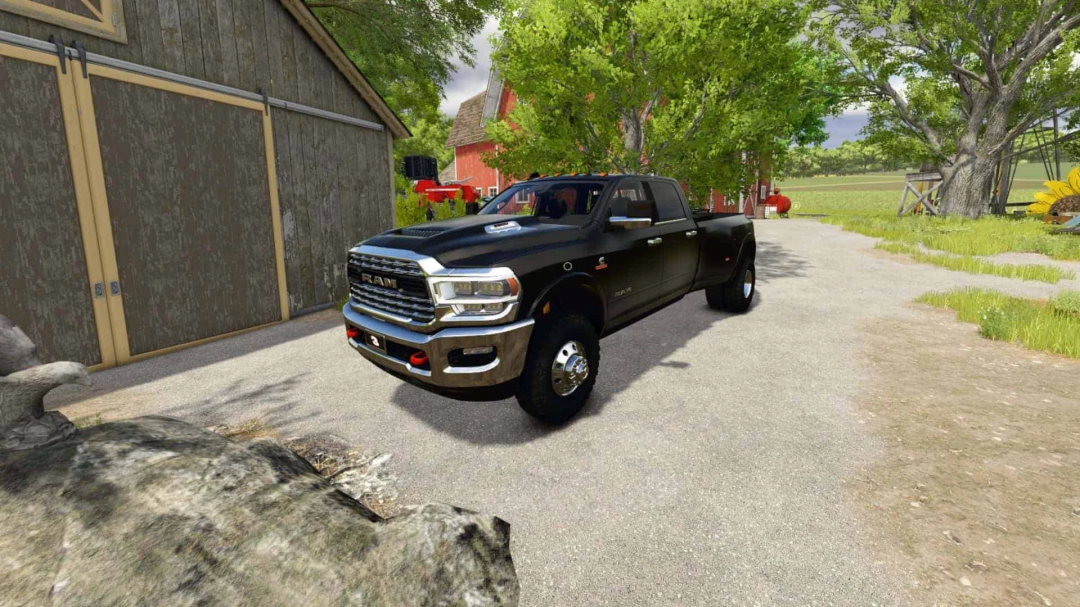 Ram 3500 Crew Cab truck mod in Farming Simulator 25, parked near a barn and trees. FS25 mods enhance gameplay with realistic vehicles.