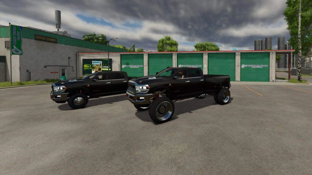 Two Ram 3500 Crew Cab trucks featured in FS25 mods, parked outside a garage in Farming Simulator 25.