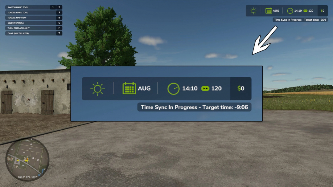 Farming Simulator 25 Real Time Sync mod interface showing time sync progress in the game.